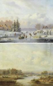 Pair Of Works: Summer Landscape / Winter Landscape. by Carl Eduard Ahrendts