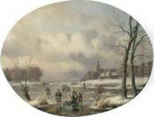 Skaters On A Frozen Waterway, A 'koek En Zopie' In The Distance by Carl Eduard Ahrendts