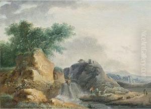 Rocky Landscape With A Waterfall by Carl Eduard Ahrendts