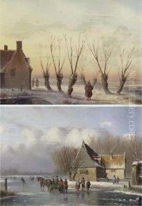 Figures With A Horse And Sledge On The Ice; Figures In A Winter Landscape (a Pair) by Carl Eduard Ahrendts