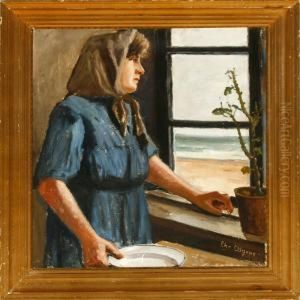 An Interior With Afisherman's Wife Looking Out Of The Window by Christian Aigens
