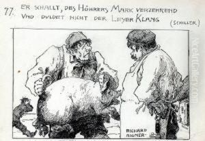 Karikatur - Bauer Mit Schwein Beim Metzger by Richard Aigner