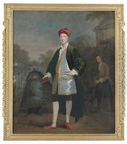 Portrait Of A Gentleman, 
Probably Richard Boyle, 3rd Earl Ofburlington And 4th Earl Of Cork 
(1694-1753), Full-length, With Hisgardener, James Scott, Before A 
Rectangular Pond In A Garden,probably Chiswick - view 1