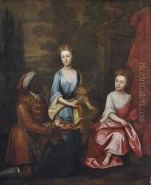 Portrait Of Two Sisters, 
Full-length, In A Blue Dress With Yellow Wrap, And A White Dress With 
Pink Wrap, A Page Offering A Basket Of Peaches And Grapes, A Landscape 
Beyond - view 1