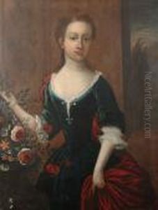 Portrait Of A Young Girl,
Three-quarter-length, In A Blue Dress With A Red Wrap, Standing Beside A
Vase Of Flowers, A View To A Landscape Beyond by William Aikman