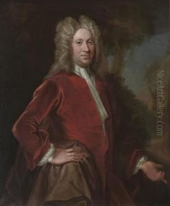 Portrait Of Charles, 9th Lord
Elphinstone (1676-1738), Three-quarter-length, In A Red Velvet Coat, In A
Landscape by William Aikman