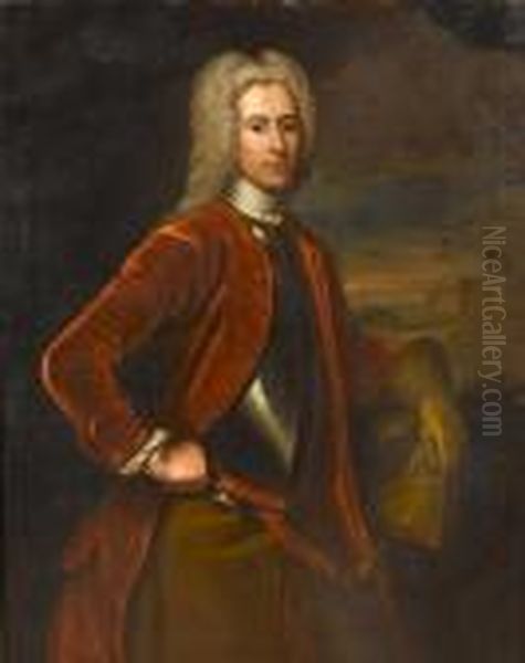 Portrait Of A Gentleman,
Three-quarter-length, In A Burgundy Coat With A Breast Plate, Holding A
Glove, A View To A Castle And A Landscape Beyond - view 1