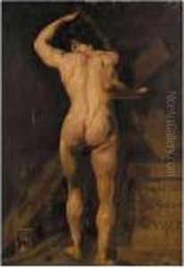 Study Of A Male Nude, Holding A 
Cross, With A Hour Glass By His Feet, And A Plinth To The Right