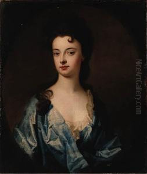 Portrait Of A Lady, Said To Be 
The Countess Of Dorchester, Halflength, Wearing A Blue Dress, In A 
Painted Oval - view 1