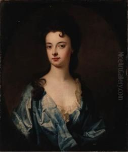 Portrait Of A Lady, Said To Be 
The Countess Of Dorchester, Halflength, Wearing A Blue Dress, In A 
Painted Oval
