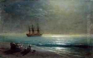 Segelschiffe An Der Kuste Im Mondschein. by Ivan Konstantinovich Aivazovsky