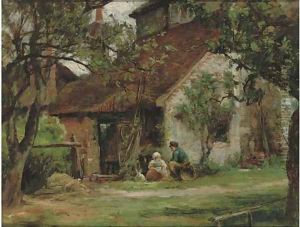 Children and a rabbit playing by an outhouse by George Henry Boughton