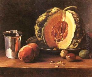 Still life with a Pumpkin, Peaches and a Silver Goblet on a Table Top by Francois Bonvin