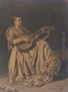 A seated woman playing a mandolin by Francois Bonvin