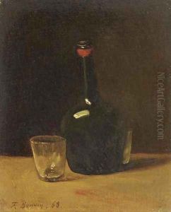 Nature morte a bottle of port and glasses on a ledge by Francois Bonvin