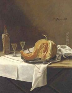 Nature morte avec un melon, une bouteille de vin et un verre sur une table by Francois Bonvin