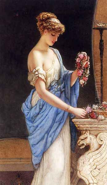 A Girl In Classical Dress Arranging A Garland Of Flowers - view 1