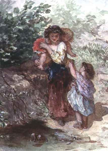 Girl standing with a Child on her Shoulders, another Child by her Side - view 1