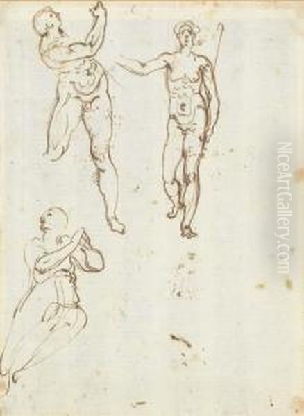 Studies Of Saint John The
Baptist Carrying A Crook, A Figureholding A Block And A Kneeling Female
Looking Up (recto); A Puttoin Flight (verso) - view 1