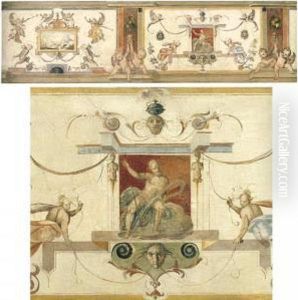 A Decorative Panel With 
Grotesques And Putti Flanking Panels With A Landscape And Neptune