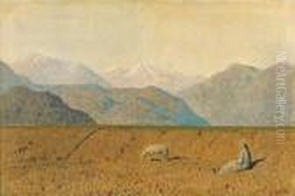 Paesaggio Montano Con Contadina E Pecora - view 1
