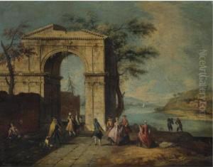 Elegant Figures Standing By A Classical Arch by Francesco Albotto