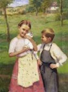 Children With A Cat by Janos Laszlo Aldor
