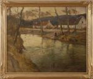 Farm House By River by George Ames Aldrich