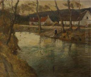 Farmhouses Beside A River by George Ames Aldrich