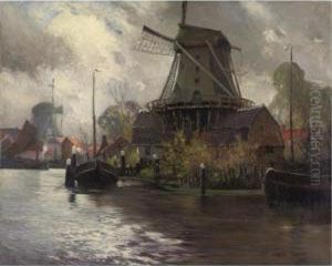 Windmills Along A River by George Ames Aldrich