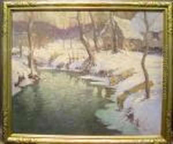A Cabin In Winter By A Stream - view 1