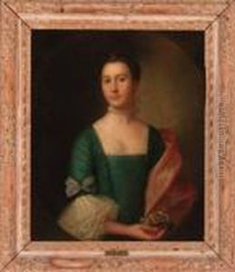 Portrait Of A Lady Traditionally
 Identified As Lady Jessiedumphries, Half-length, In A Blue Dress And 
Red Wrap, Wearing Apearl Choker And Hairpiece, Holding A Posey In Her 
Right Hand, In Afeigned Oval by Cosmo Alexander