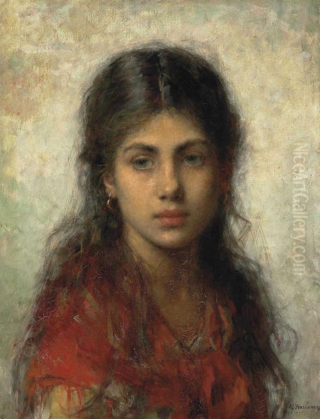 Girl With A Red Shawl by Alexei Alexeivich Harlamoff