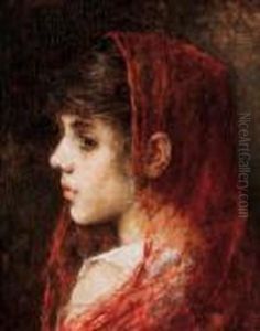 Portrait Of A Young Girl With A Red Veil by Alexei Alexeivich Harlamoff