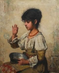 Young Girl Blowing Bubbles by Alexei Alexeivich Harlamoff