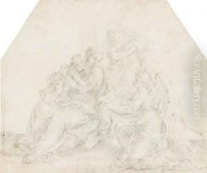 The Rest On The Flight Into Egypt, With A Kneeling Angel Presentingflowers by Alessandro Algardi