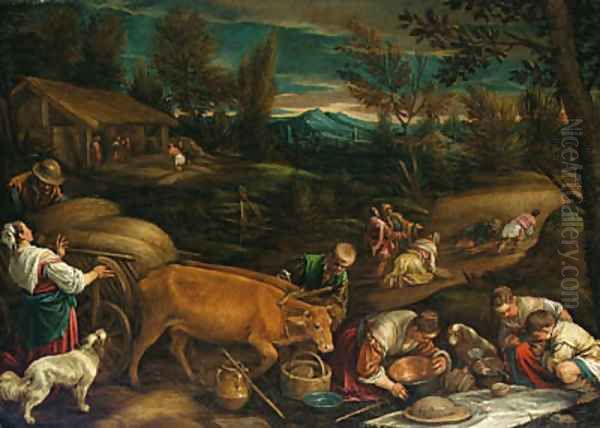 Summer a wooded landscape with peasants harvesting, a meal being laid out in the foreground - view 1