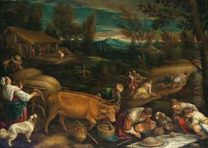 Summer a wooded landscape with peasants harvesting, a meal being laid out in the foreground