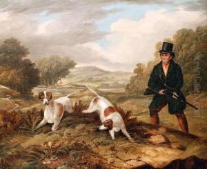 A Sportsman And Dogs With A Rabbit In Theforeground by Samuel Jun Alken