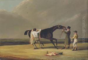 A Racehorse With A Groom, Trainer And Jockey by Samuel Jun Alken