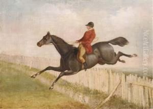 A Huntsman On Horseback Jumping A Fence by Henry Jr Alken