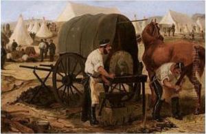 Farriers Of The 17th Lancers Shoeing A Horse With The Aid Of A Mobile Forge, Circa 1845 by Henry Jr Alken
