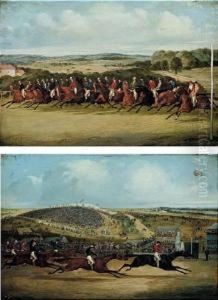 The Start And Finish Of The Epsom Derby 1858 by Henry Thomas Alken