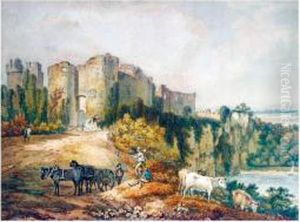 Figures And Cattle By Chepstow Castle by Henry Thomas Alken