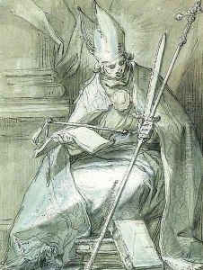 A seated Bishop holding a Crozier, a Sword, a Whip and a Book
