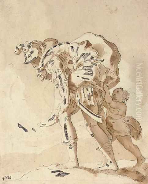 Aeneas carrying his father Anchises from the ruins of Troy, his son Ascanius beside him - view 1