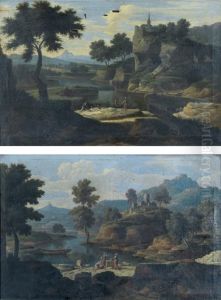 Riviere Traversant Un Paysage Classique Anime De Personnages by Etienne Allegrain