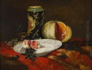 Melon, Vase Et Fruits. by Raymond Allegre
