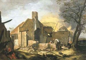 A landscape with farm buildings on fire