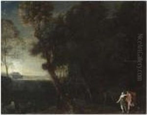 A Wooded Landscape With Two Hunters, Probably Cephalus And Procris by Francesco Allegrini